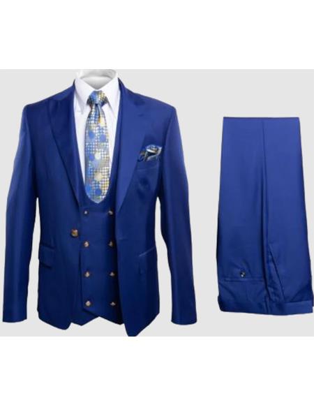Rossiman Men’s Royal Blue Slim Fit Suit | Sophisticated Double-Breasted Design – Italian Tailored 3-Piece Luxury Suit