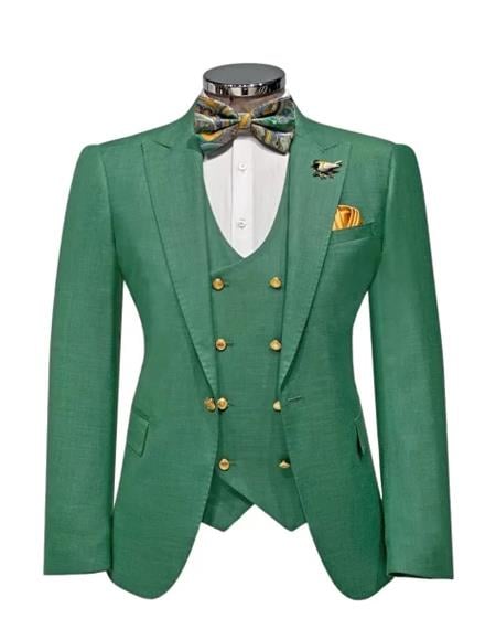 Rossiman Green Men's Slim Fit Suit Double Breast Vest Flat Front Pants