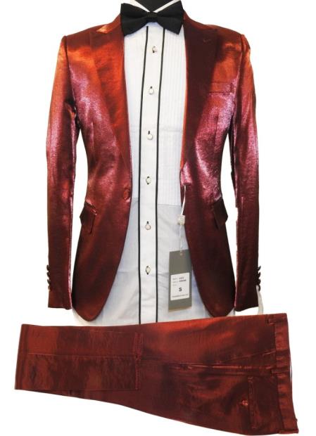 Rossiman Men’s Red Sateen Suit | Glossy Finish Bold Formalwear – Italian Tailored Double-Breasted Luxury Suit