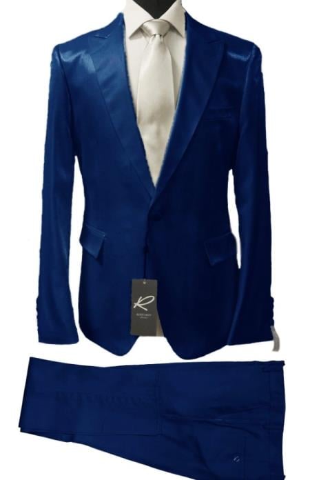 Rossiman Men’s Royal Blue Glossy Sateen Suit | Bold & Refined Look – Italian Luxury Double-Breasted Suit for Men