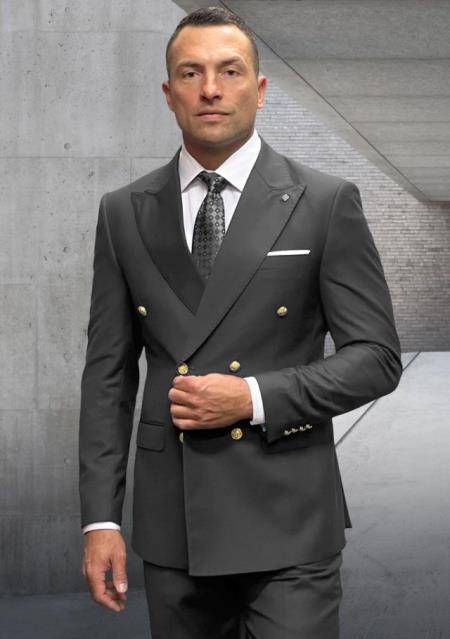 Mens 100% Wool 2 Piece Suit - Wide Peak Lapel Heather Charcoal