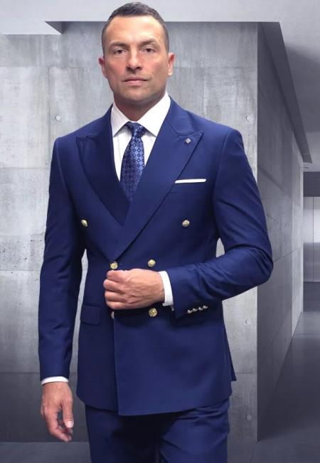 Mens 100% Wool 2 Piece Suit - Wide Peak Lapel Sapphire