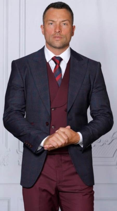 Mens Navy Plaid Peak Lapels Suit Tailor Fit