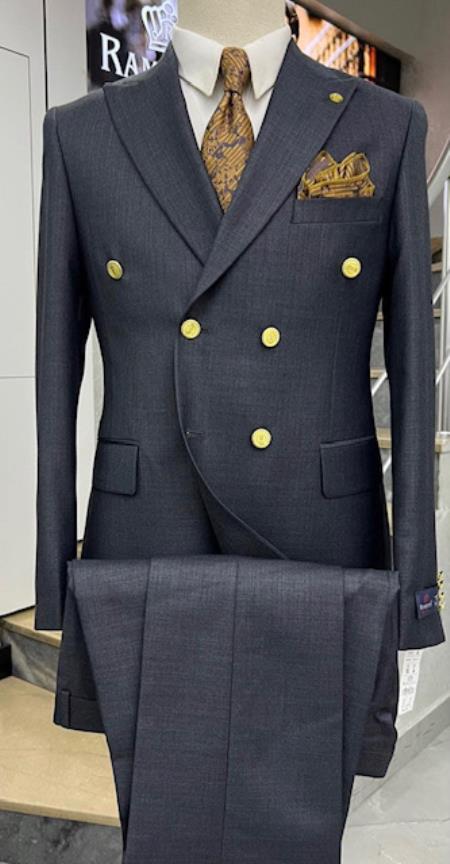 Mens Double Breasted Suits Gold Buttons - 100% Wool Navy Blue Suit - Double Breasted Blazer