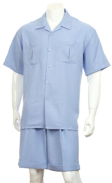 Mens Shorts Walking Suits Set Polyester Blue