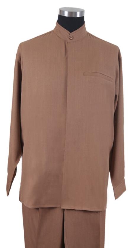 Mens Two Piece Walking Suit Solid Bend Collar Tan