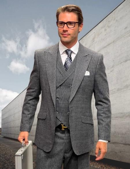 Athletic Suit - Classic Fit Charcoal Grey Windowpane - Plaid Suit Classic Fit Wide Leg Pleated Pants Super 150's Wool Fabric