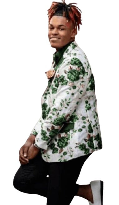 White and Hunter Green Blazer - Paisley Sport Coat - Floral Prom 2026 Tuxedo