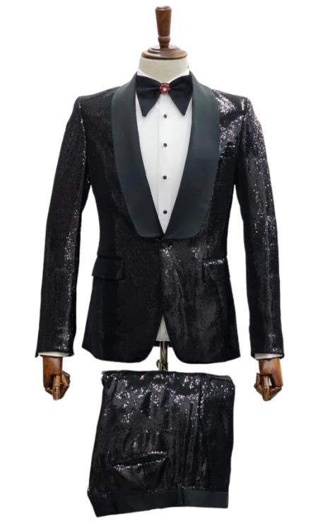 Giovanni Testi Suits - Giovanni Tuxedo Sequin Suit - Shiny Tuxedos - Prom 2025 and Wedding Suit - Black
