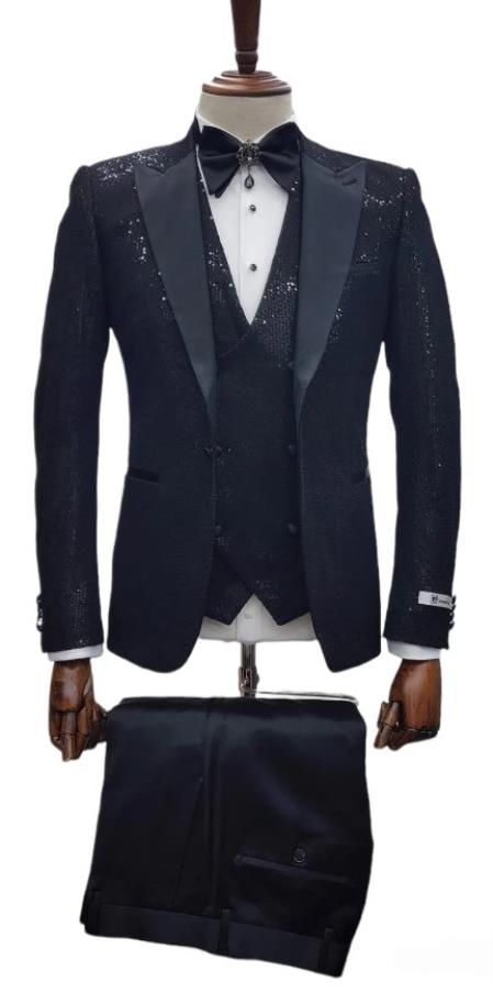 Giovanni Testi Suits - Giovanni Tuxedo Sequin Suit - Shiny Tuxedos - Prom 2026 and Wedding Suit - Black