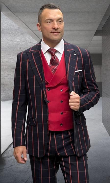 Athletic Suit - Black ~ Red Windowpane - Plaid Suit Modern Fit Side Vented Super 150's Wool Fabric