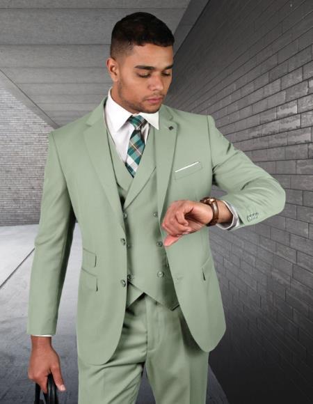 Men’s Sage Green 3 Piece Suit with Jacket, Vest and Pants, Light Green Summer Wedding Suit