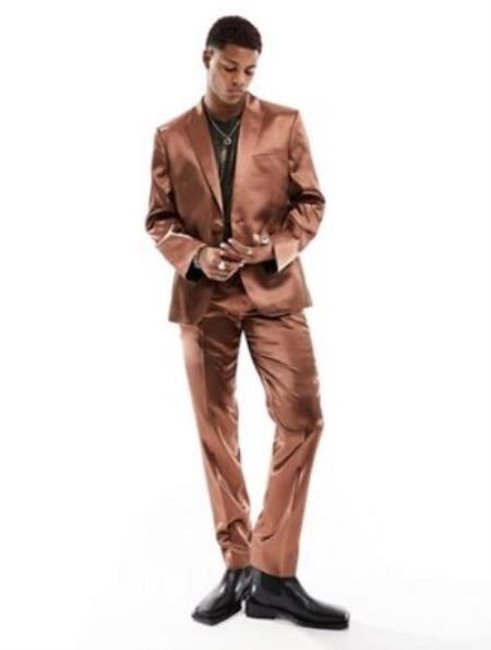 Shiny Prom 2026 Wedding Suit - Sateen Suit - Mens Metallic Flashy Fabric Gold Suit