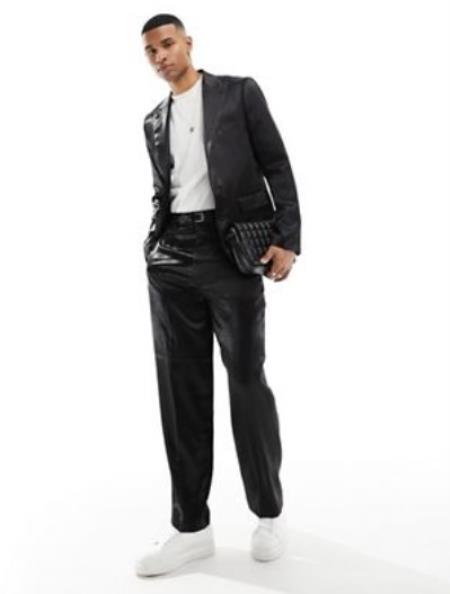 Shiny Prom 2025 Wedding Suit - Sateen Suit - Mens Metallic Flashy Fabric Black Suit