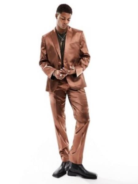 Shiny Prom 2026 Wedding Suit - Sateen Suit - Mens Metallic Flashy Fabric Gold Suit