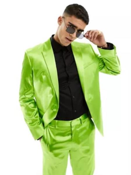 Shiny Prom 2026 Wedding Suit - Sateen Suit - Mens Metallic Flashy Fabric Lime Green Suit