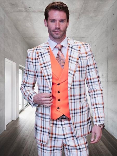 White and Orange Plaid Suit - Wool Suit - Peach Suit - Vested Suit