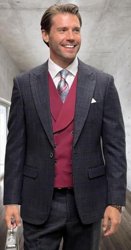 Black Plaid - Vested Suits - Statement Brand - Vested Suits Wool suits - Suits with Double Breasted Vest - Windowpane Pattern