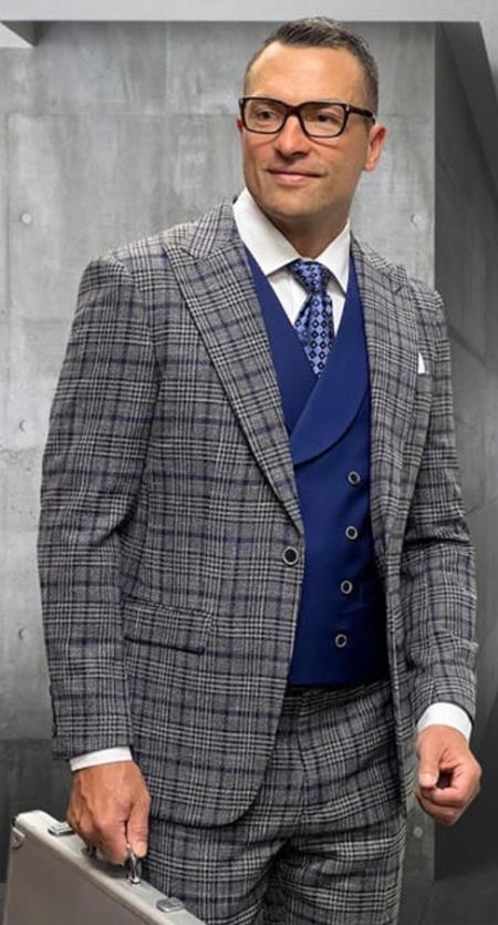 Gray Plaid - Vested Suits - Statement Brand - Vested Suits Wool suits - Suits with Double Breasted Vest - Windowpane Pattern