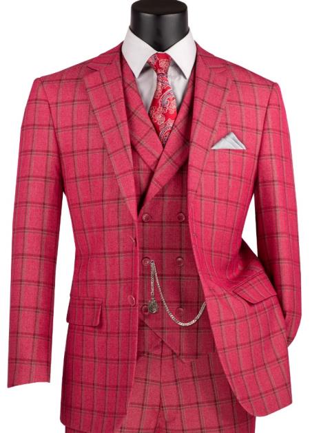 Vinci Mens Windowpane 3-Piece Suit Modern Fit - Raspberry Red
