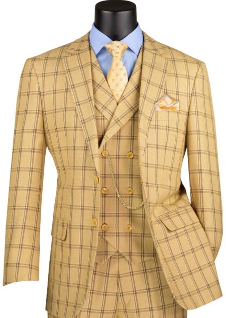 Vinci Mens Windowpane 3-Piece Suit Modern Fit - Tan