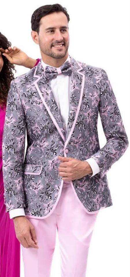 Mens Gray Pink Floral Prom 2026 Party Suit Tuxedo