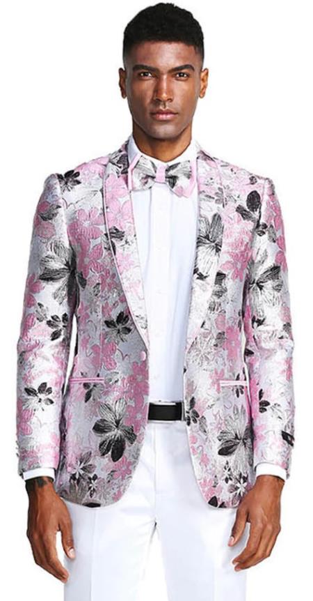 Mens Slim Fit Shawl Label Paisley Prom 2026 Tuxedo Jacket in Pink and Black