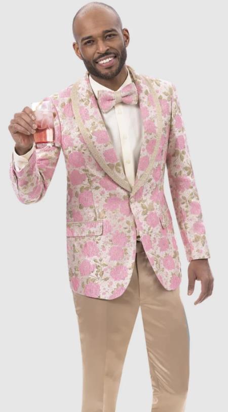 Mens One Button Pink and Gold Paisley Pattern Prom 2025 Dinner Jacket