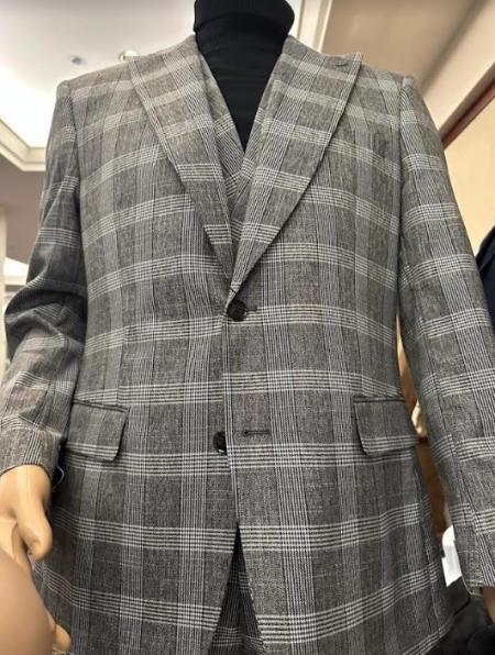 Wool Suit - Mens Plaid Suit - Checkered Windowpane - Super 150s Fabric Business Suit Grey