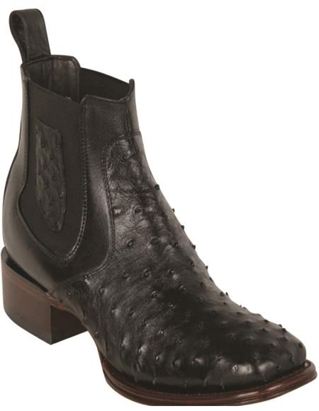 Men’s Black Ostrich Leather Ankle Boots, Square Toe Exotic Western Dress Boots