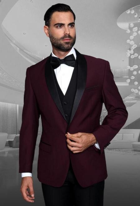 Burgundy Tuxedo Plus Black Pants and Black Vest - Wedding and Prom 2026 Tuxedo Suit