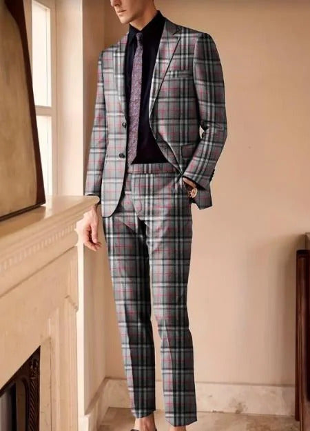 Medium Gray With Black Mix Pattern With Red Plaid Suit Windowpane Suit Vested Suit - Light Weight Wool Suit