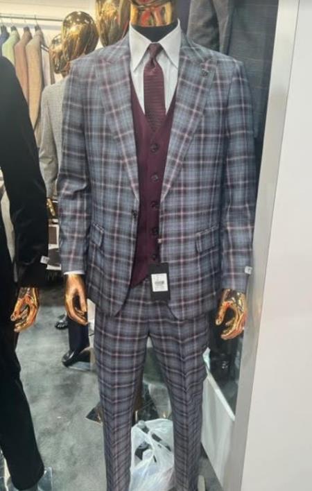 Peak Lapel Suit - Plaid Suit - Windowpane Pattern Color Suit - Gray Wi ...