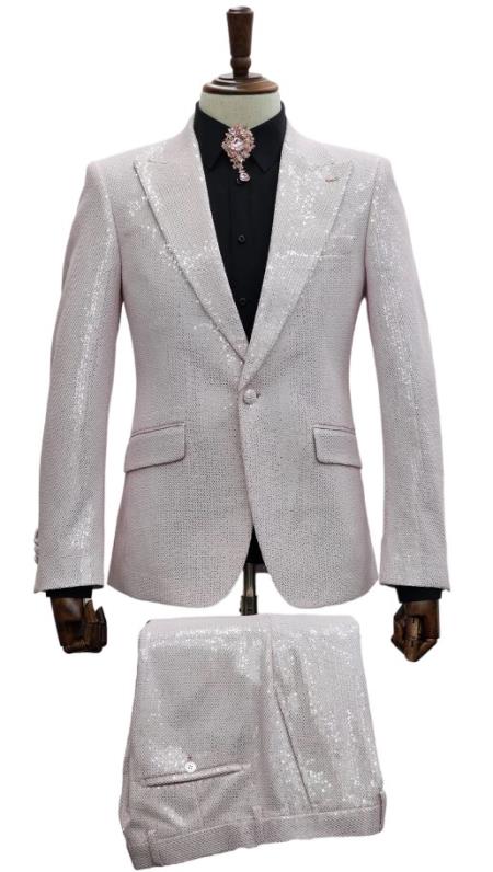 Mens 1 Button Slim Fit Peak Lapel Sequin Suit Black and white Sequin