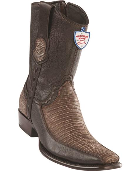 Mens Genuine Leather Lizard and Deer Dubai Toe Short Boots Color Sanded Brown