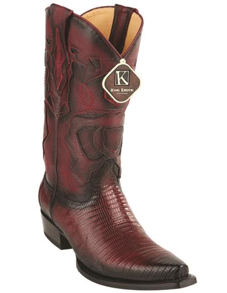 Mens Lizard Snip Toe Western Boots Burgundy Burnished