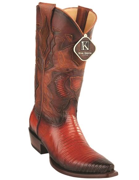 Mens Lizard Snip Toe Western Boots Cognac Burnished