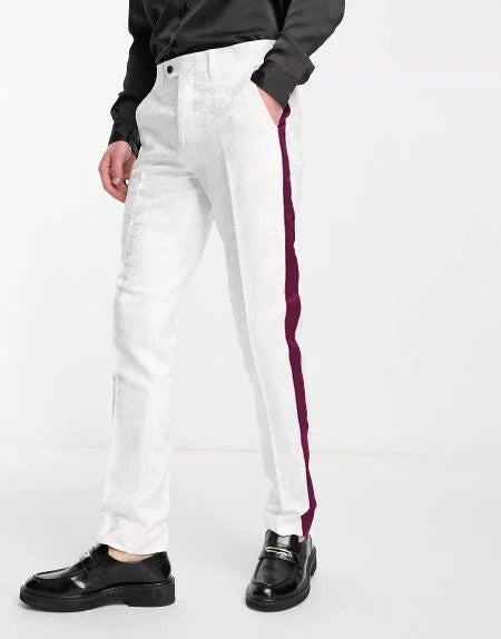 White Tuxedo With Burgundy Sateen Stripe Pants