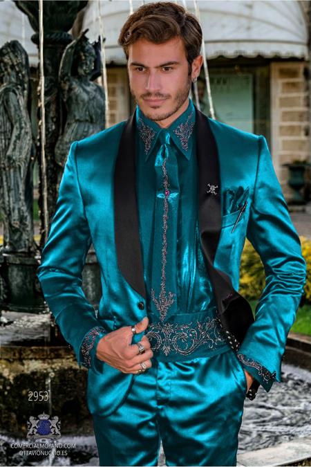 Sateen Fabric Suit - Shiny Tuxedo - Prom 2026 Suit - Groom Tuxedos - Sky Blue