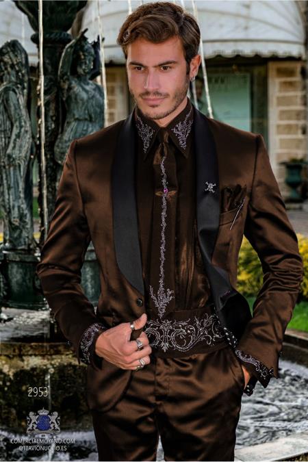 Sateen Fabric Suit - Shiny Tuxedo - Prom 2026 Suit - Groom Tuxedos - Brown