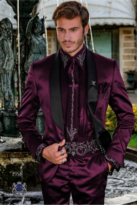 Sateen Fabric Suit - Shiny Tuxedo - Prom 2026 Suit - Groom Tuxedos - Burgundy