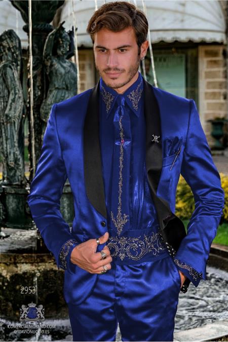Sateen Fabric Suit - Shiny Tuxedo - Prom 2026 Suit - Groom Tuxedos - Indigo Blue
