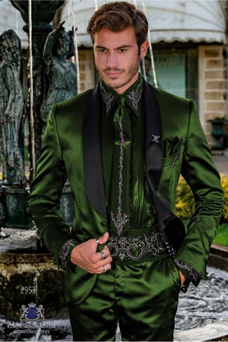 Sateen Fabric Suit - Shiny Tuxedo - Prom 2026 Suit - Groom Tuxedos - Olive Green