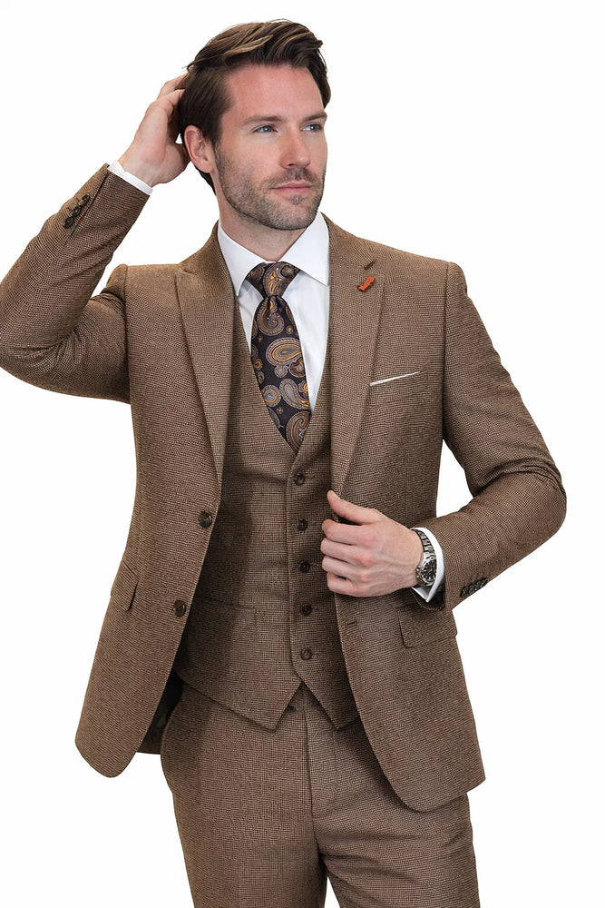 Men’s Copper Brown Micro Plaid Wool Suit – Designer Vintage Style with Vest