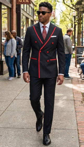 Mens Black And Red Double Breasted Tuxedo
