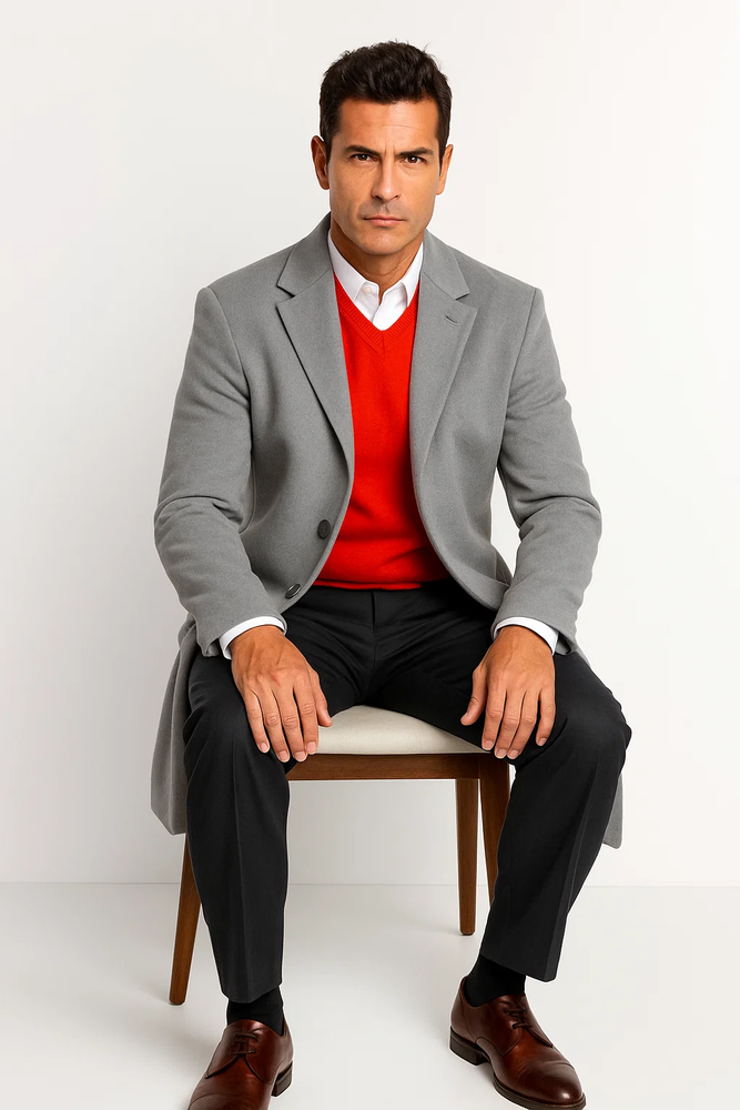 Men's Dress Coat Light Gray 3 Button full length Overcoat ~ Long Men's Dress Topcoat - Winter coat (Cashmere Touch (not cashmere))