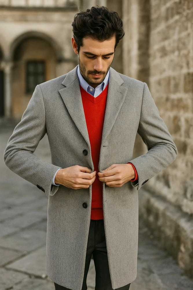 Men's Dress Coat Light Gray 3 Button full length Overcoat ~ Long Men's Dress Topcoat - Winter coat (Cashmere Touch (not cashmere))