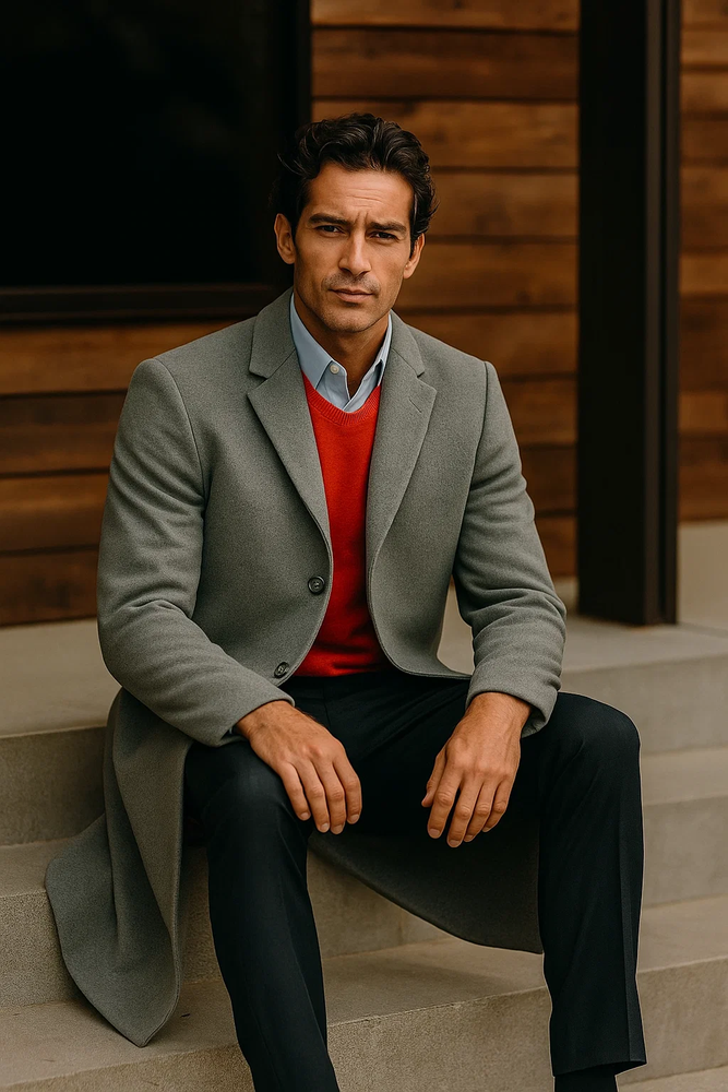 Men's Dress Coat Light Gray 3 Button full length Overcoat ~ Long Men's Dress Topcoat - Winter coat (Cashmere Touch (not cashmere))