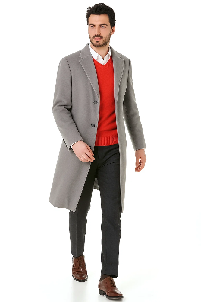 Men's Dress Coat Light Gray 3 Button full length Overcoat ~ Long Men's Dress Topcoat - Winter coat (Cashmere Touch (not cashmere))