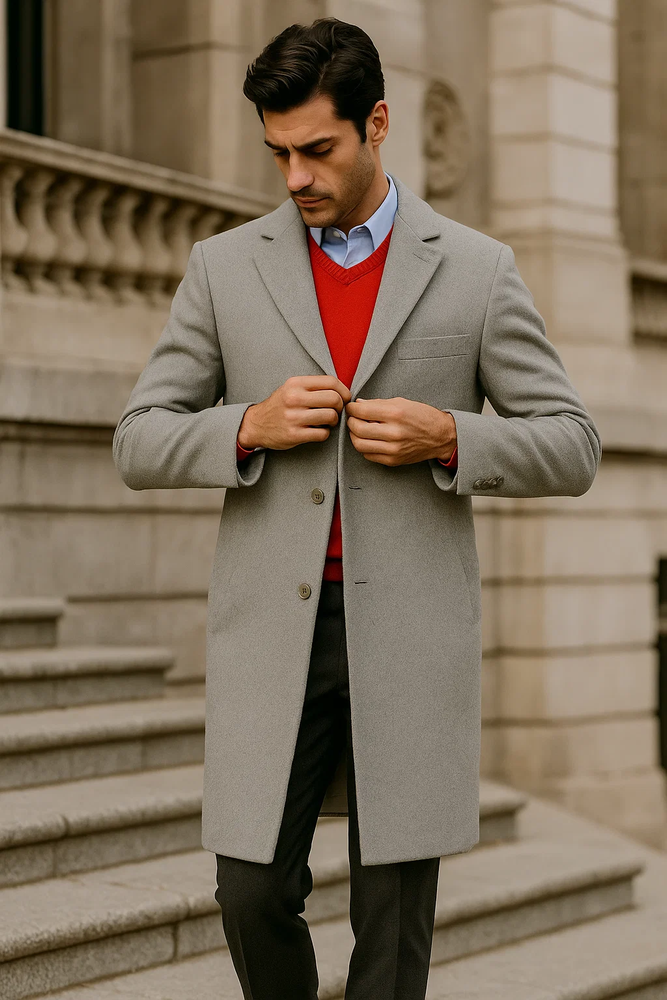 Men's Dress Coat Light Gray 3 Button full length Overcoat ~ Long Men's Dress Topcoat - Winter coat (Cashmere Touch (not cashmere))